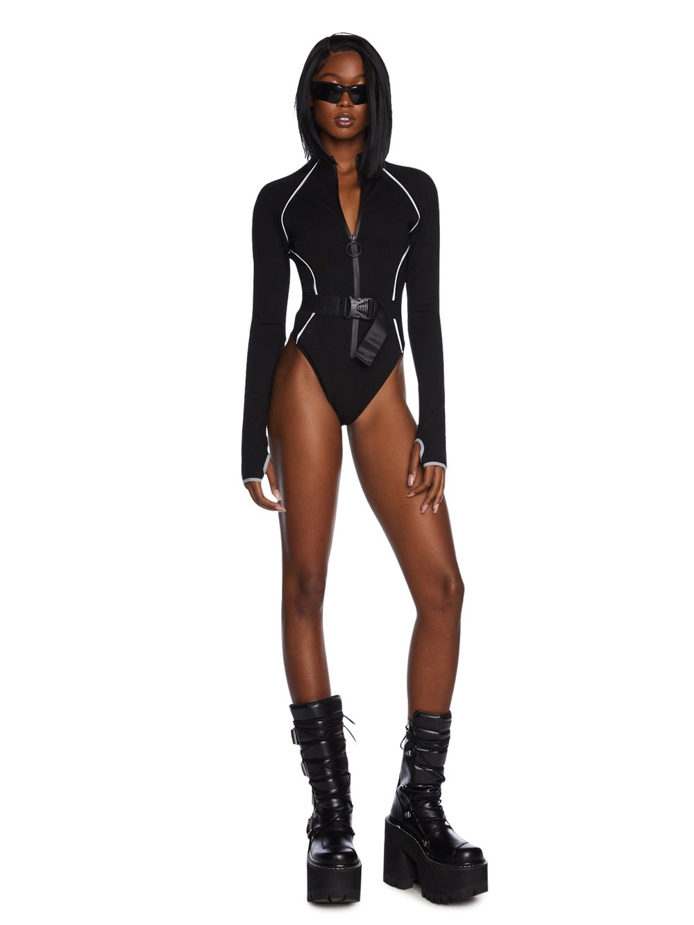 POSTER GIRL Black Long Sleeve Zip Front Bodysuit Medium - Picture 2 of 5